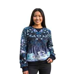 RARY Sustainable Polar Bear Art Sweater Forest Print Blue White S